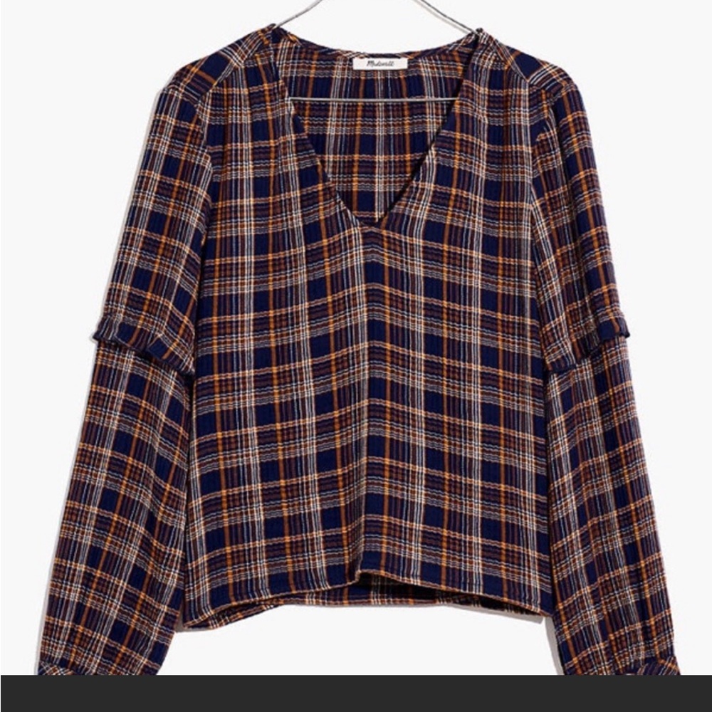 Madewell plaid long sleeve ruffle top. Size large